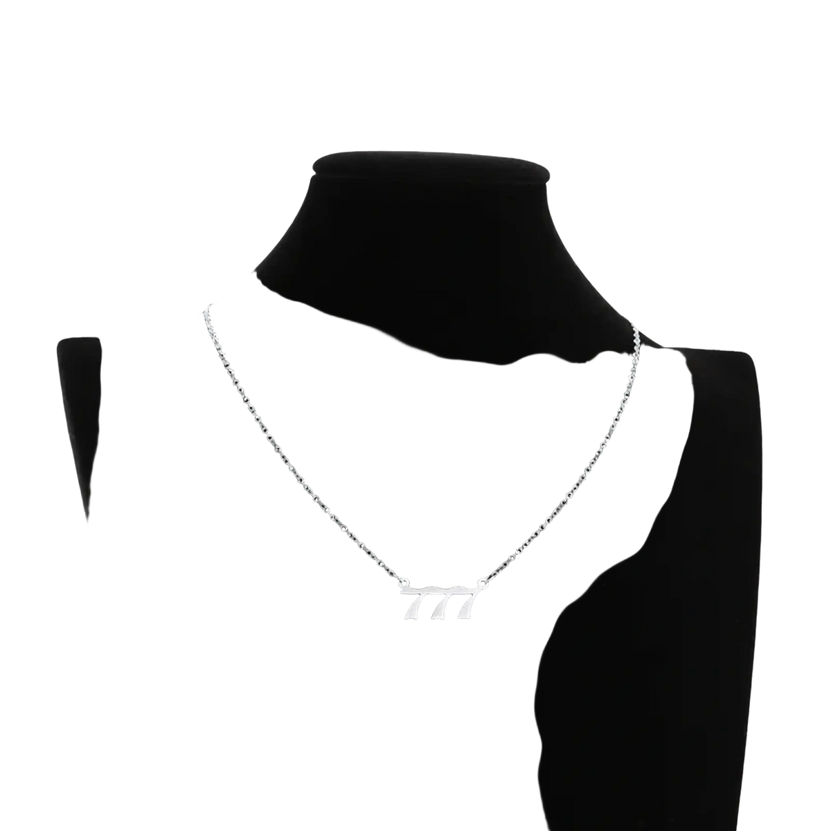 Silver chain necklace with minimalist gold pendant featuring number 777 in modern font for angel number 7 necklace