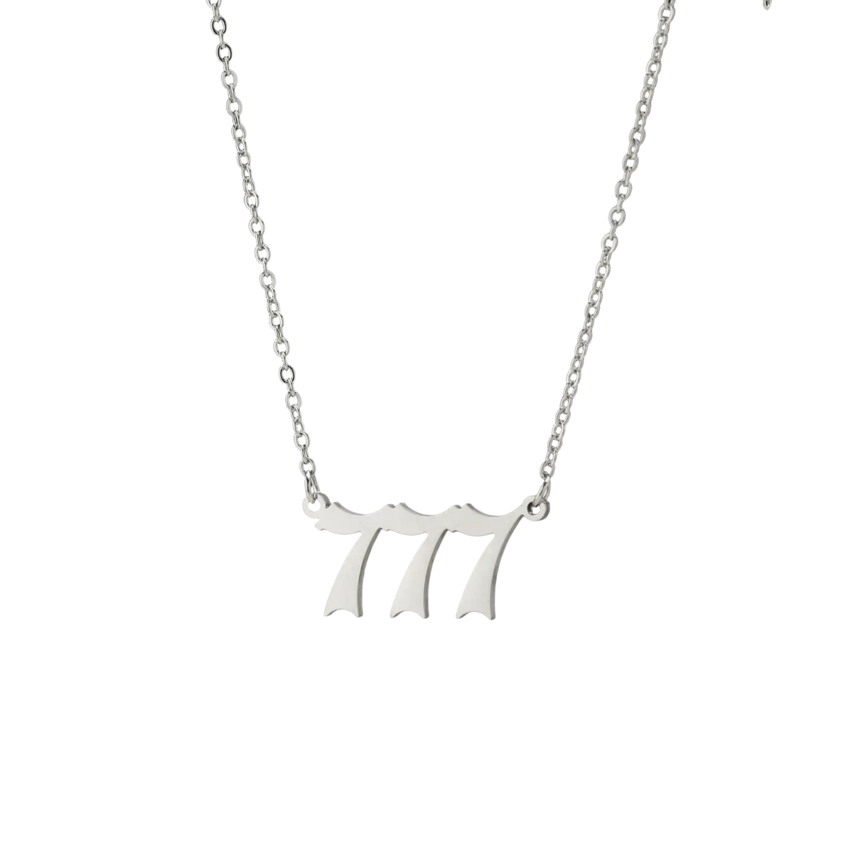Silver chain necklace featuring a sleek minimalist pendant with bold stylized number 777 for everyday wear