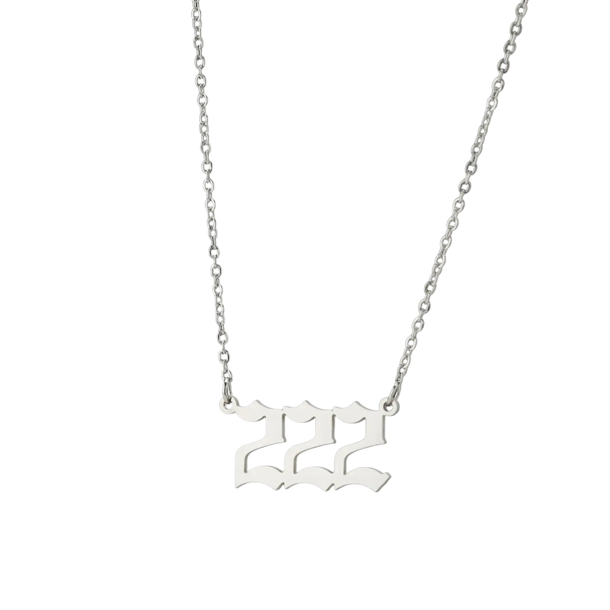 Silver necklace with chain and gothic-style 222 pendant featured in the gold angel number 7 necklace product