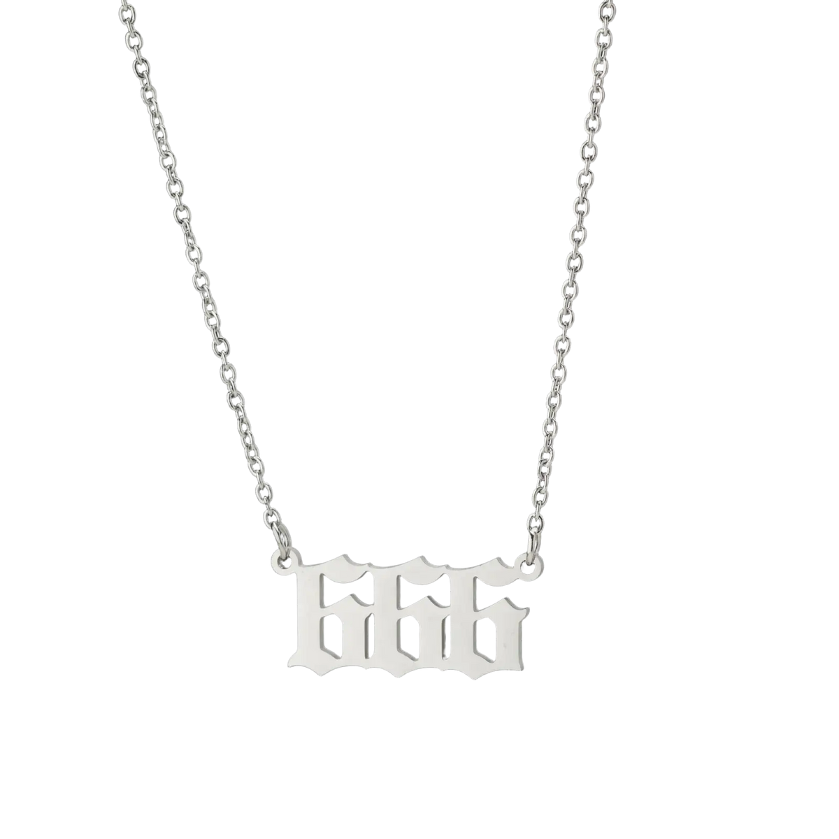 Silver chain necklace with flat gothic style 666 pendant featured in gold angel number 7 necklace product image