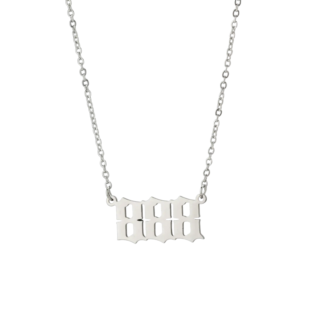 Silver chain necklace with bold gothic style 808 pendant featuring intricate cut out details for gold angel number 7 collection