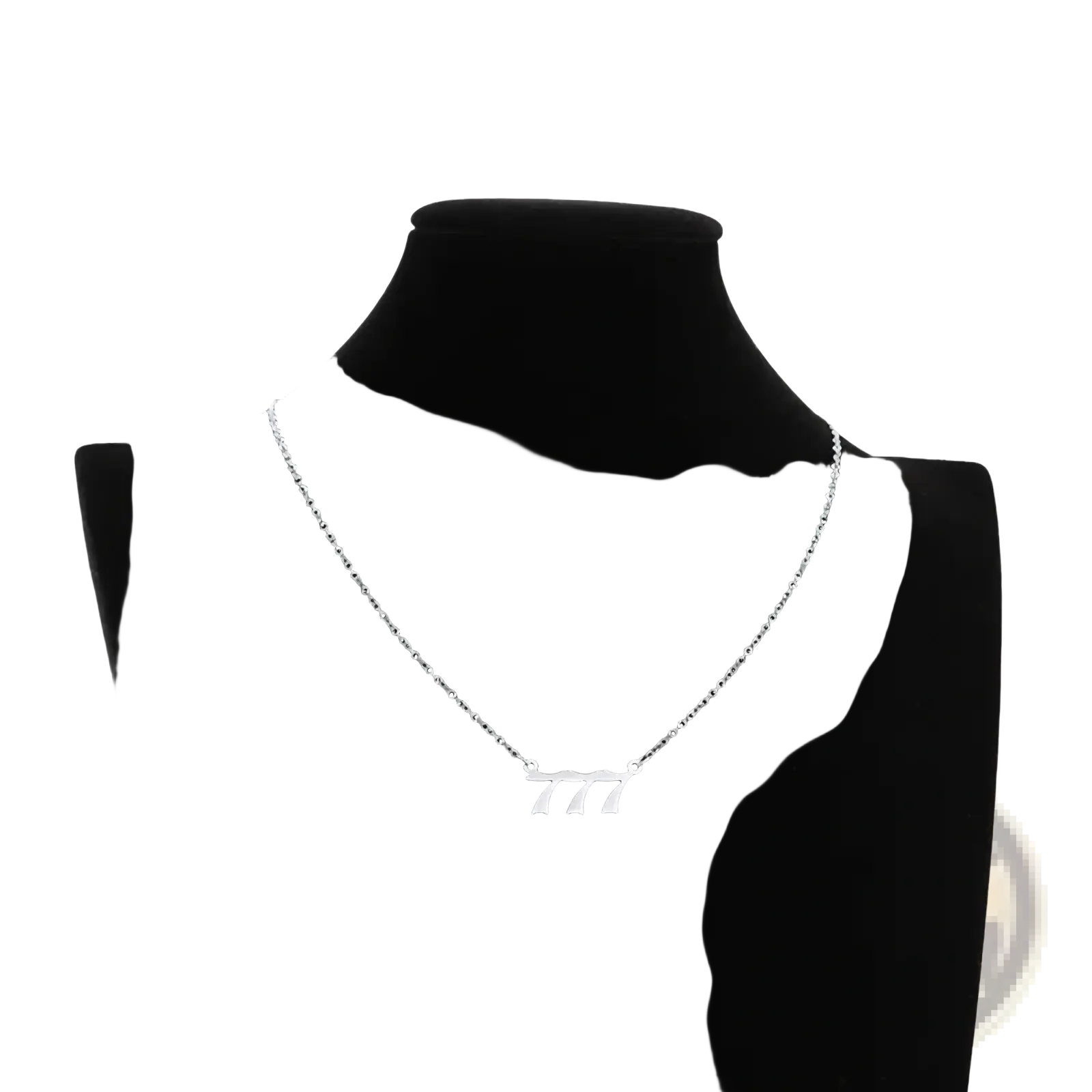 Silver chain necklace with minimalist gold pendant featuring number 777 in modern font for angel number 7 necklace