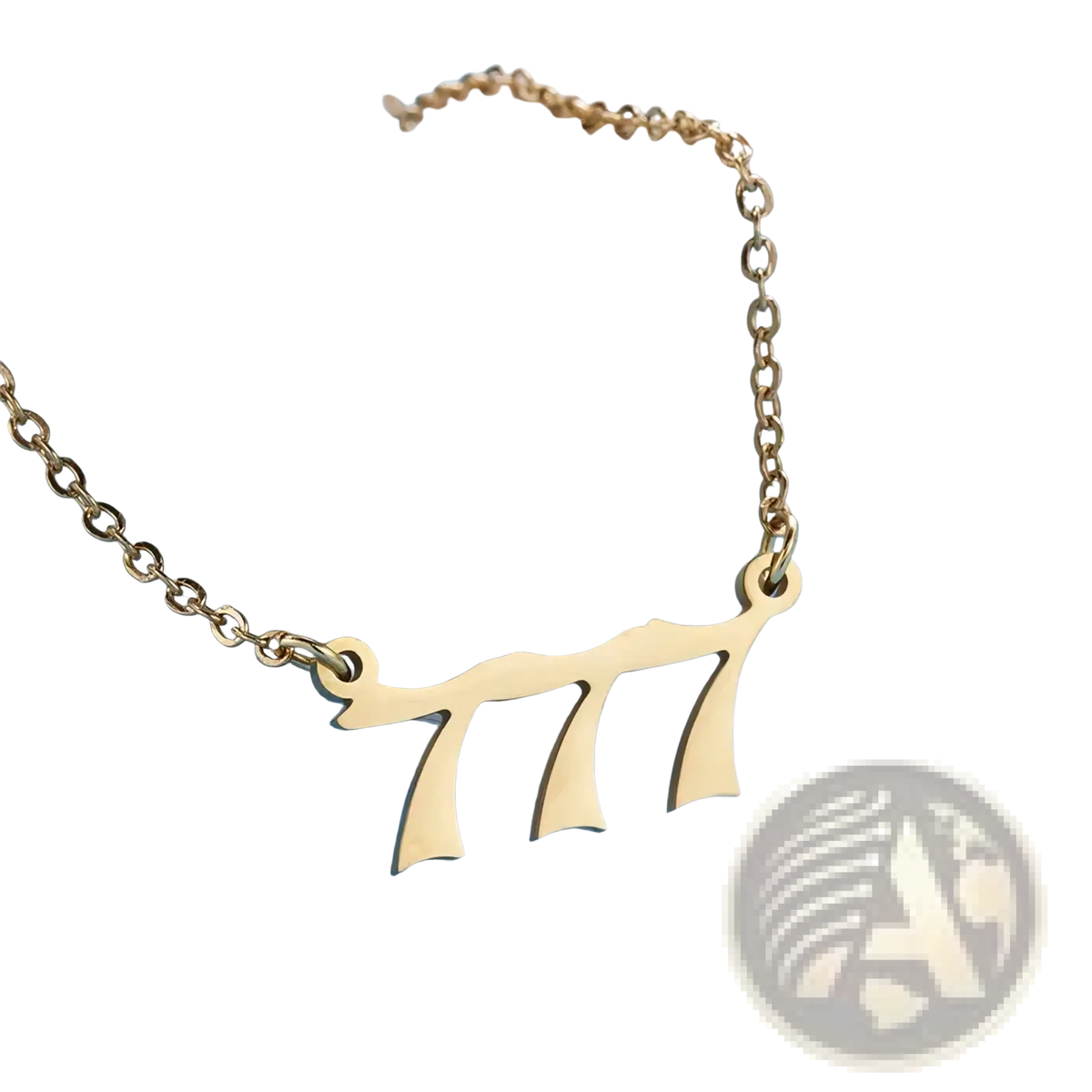 Gold angel number 7 necklace featuring a gold-toned delicate chain with a hebrew letter shin pendant
