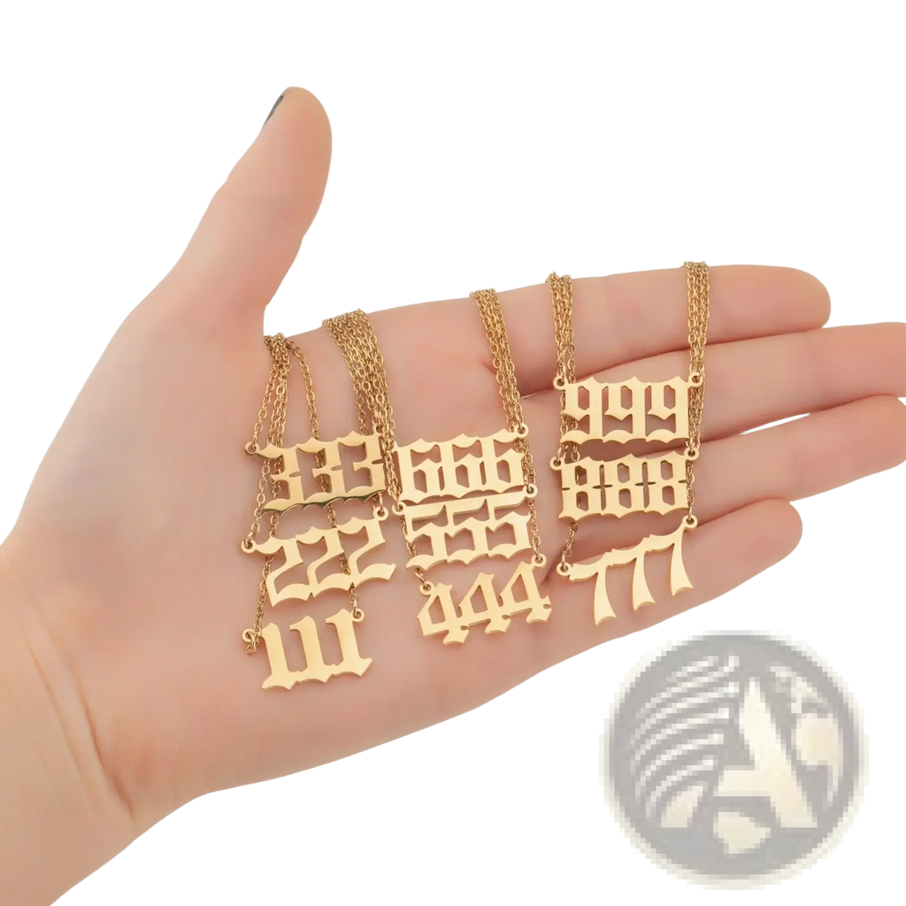 Gold angel number 7 necklace featuring gold-toned pendants with bold gothic-style numerals like 133 222 and 999