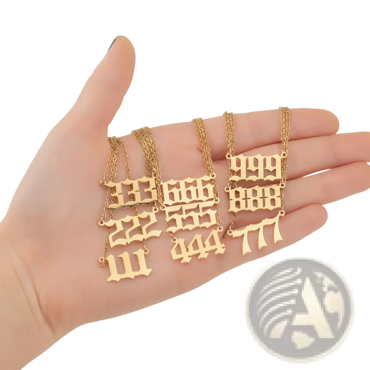 Gold angel number 7 necklace featuring gold-toned pendants with bold gothic-style numerals like 133 222 and 999