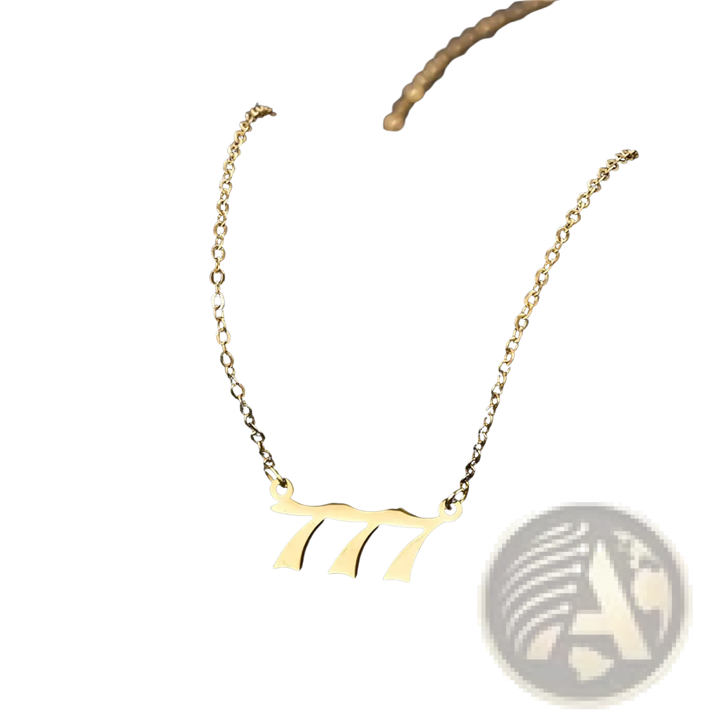 Gold angel number 7 necklace with a gold-toned minimalist pendant shaped like number 777 in elegant cursive font