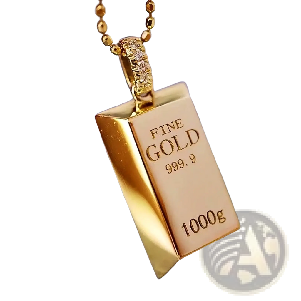 Gold bar diamond pendant necklace for women featuring a gold-plated 1000g fine gold bar with engraved markings and diamonds