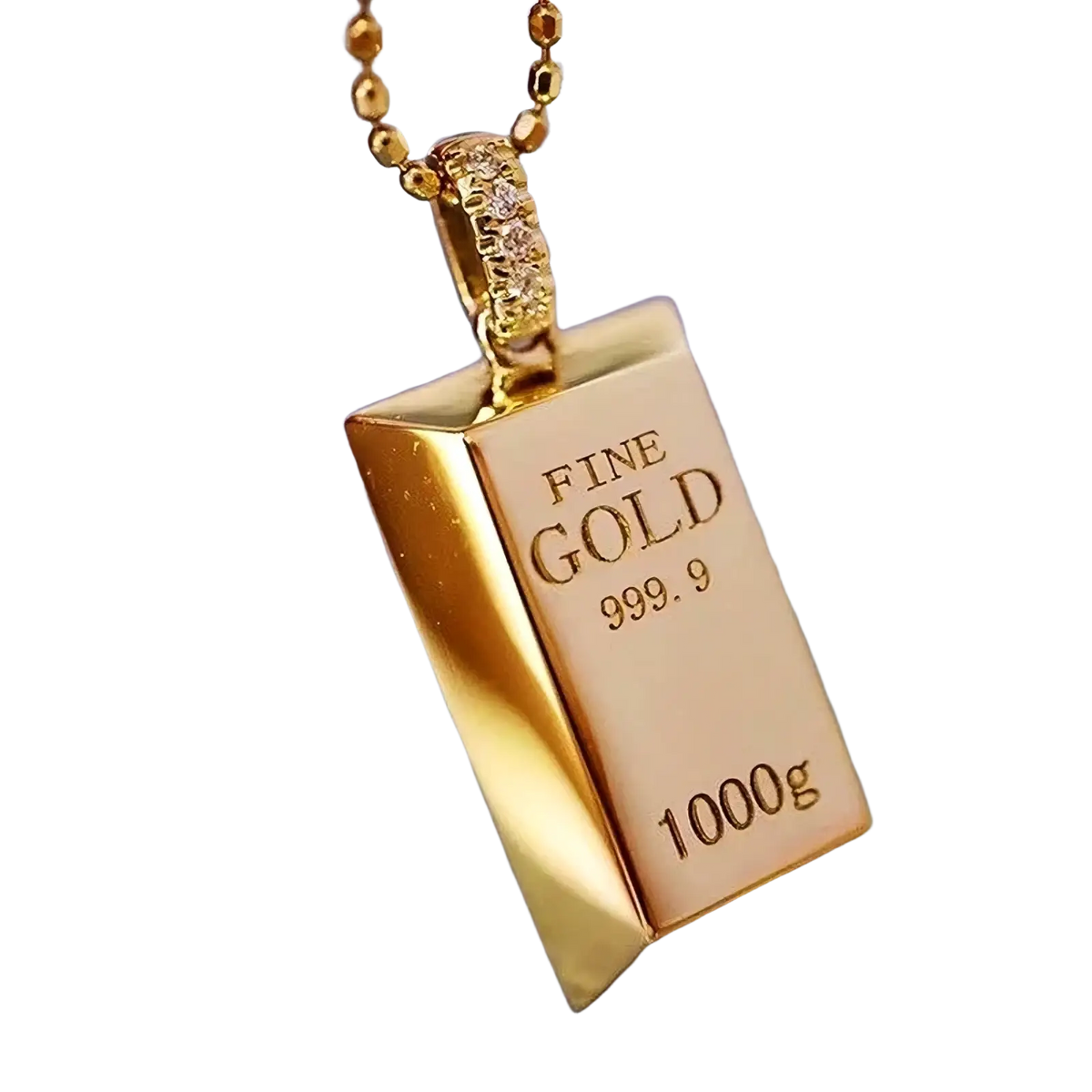 Gold bar diamond pendant necklace for women featuring a gold-plated 1000g fine gold bar with engraved markings and diamonds