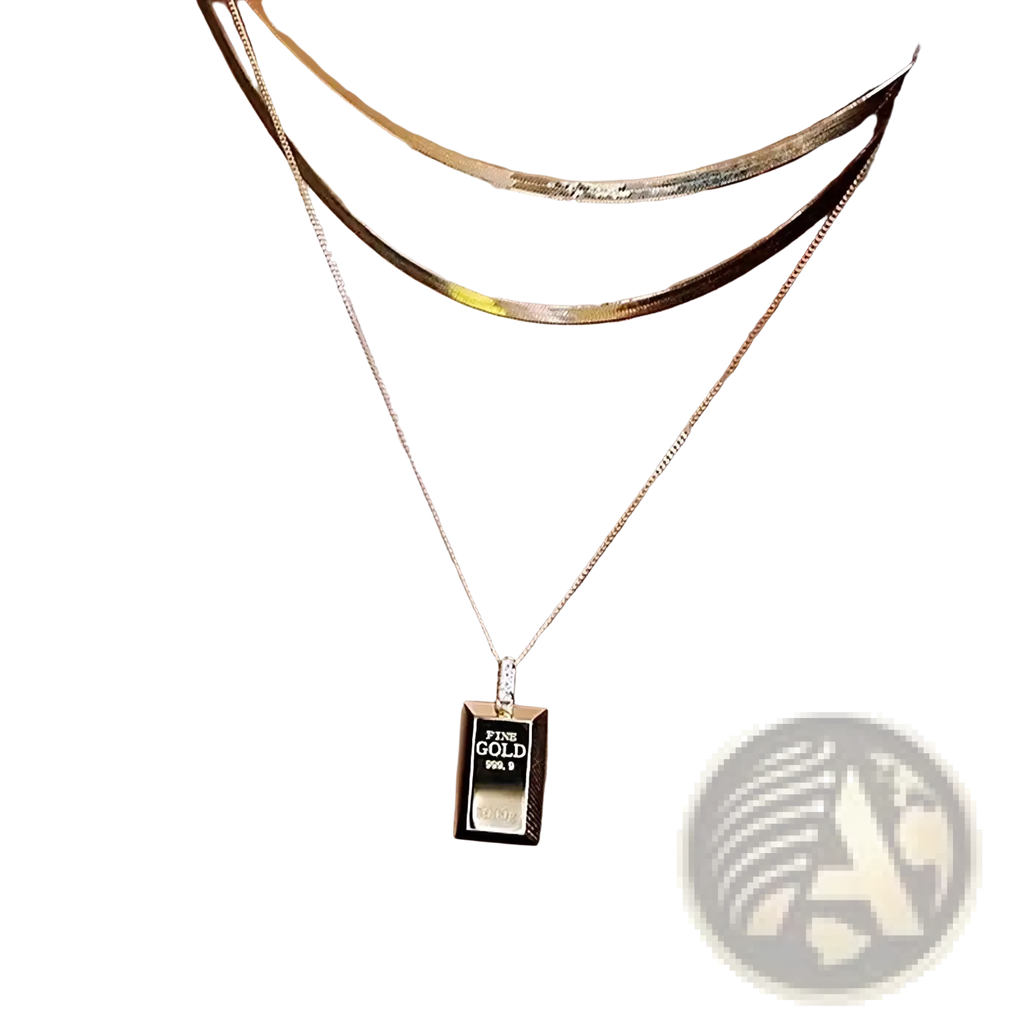A gold bar diamond pendant necklace for women featuring a sleek black engraved face and diamond accents on a gold chain