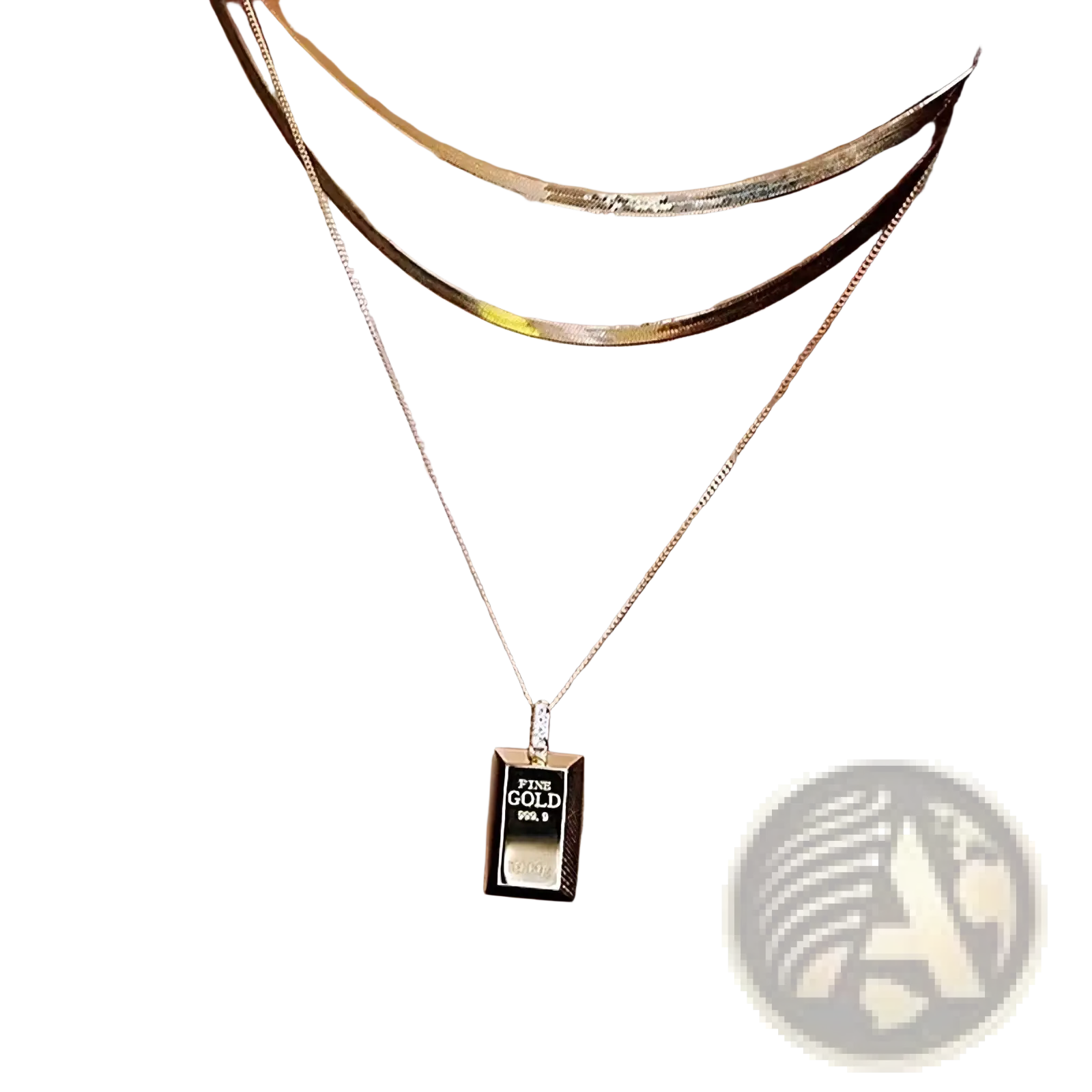 A gold bar diamond pendant necklace for women featuring a sleek black engraved face and diamond accents on a gold chain