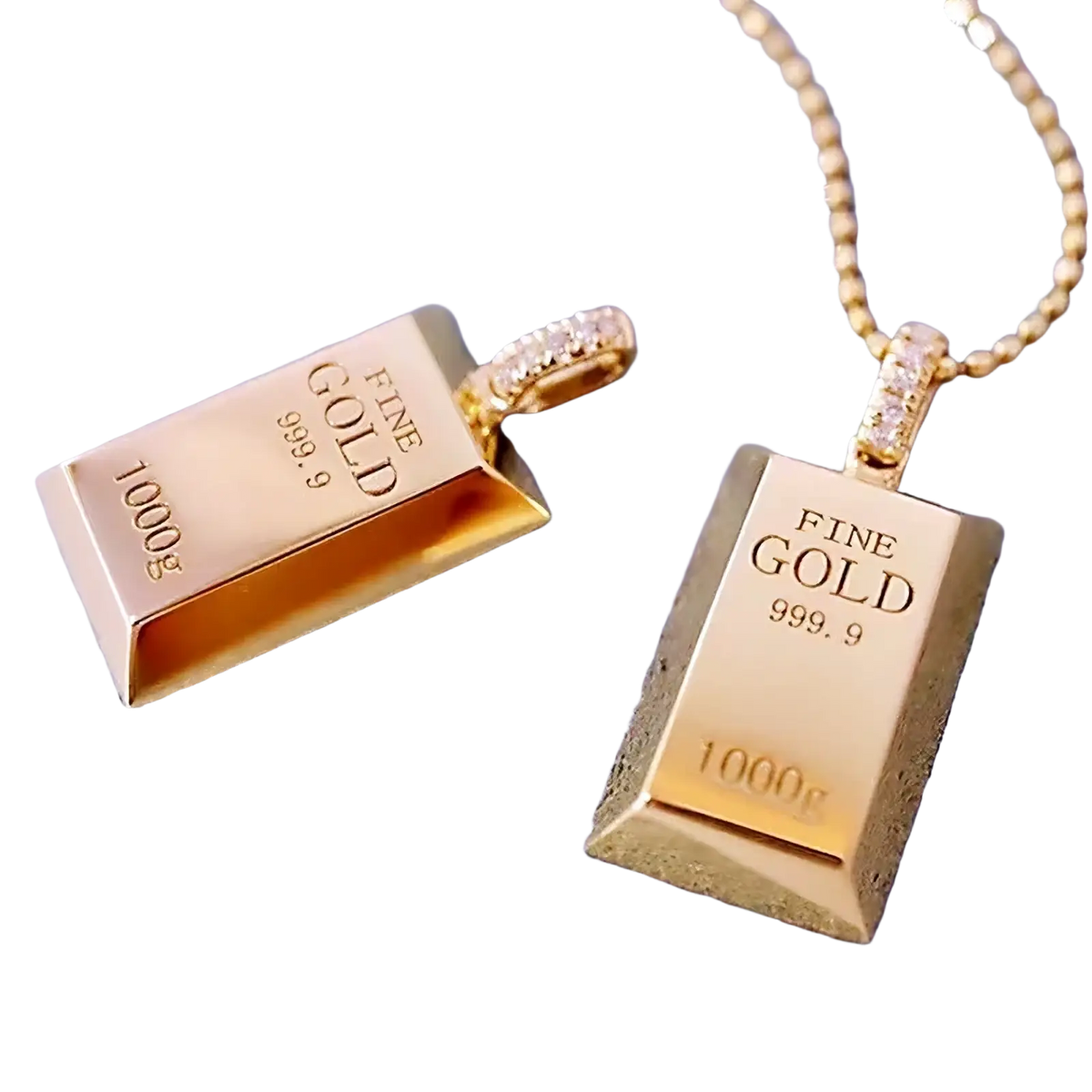 Two gold bar diamond pendant necklaces for women featuring gold-colored fine gold 999.9 bars with diamond clasps