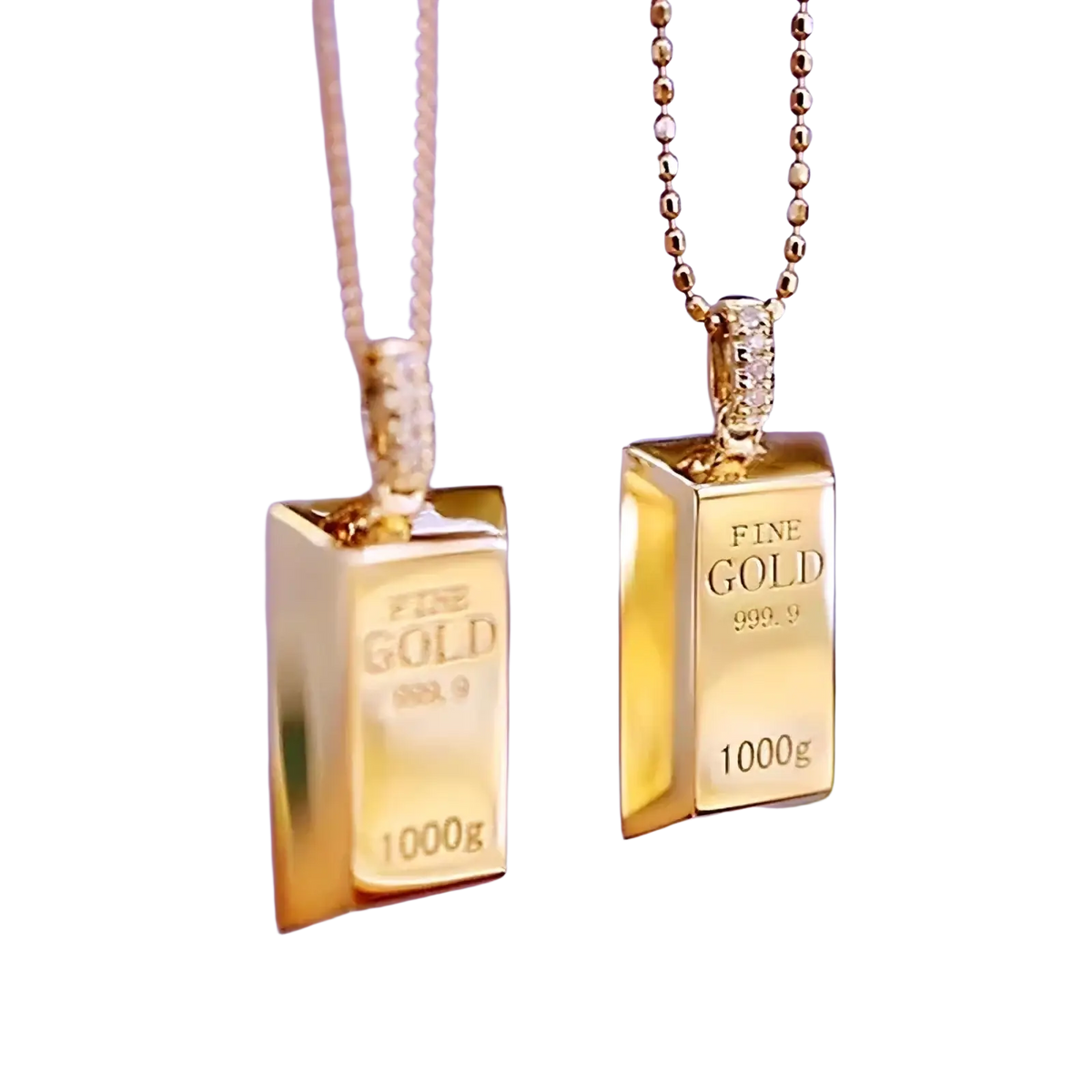 Two gold-colored pendant necklaces shaped like 1000g fine gold bars with diamond detailing for women