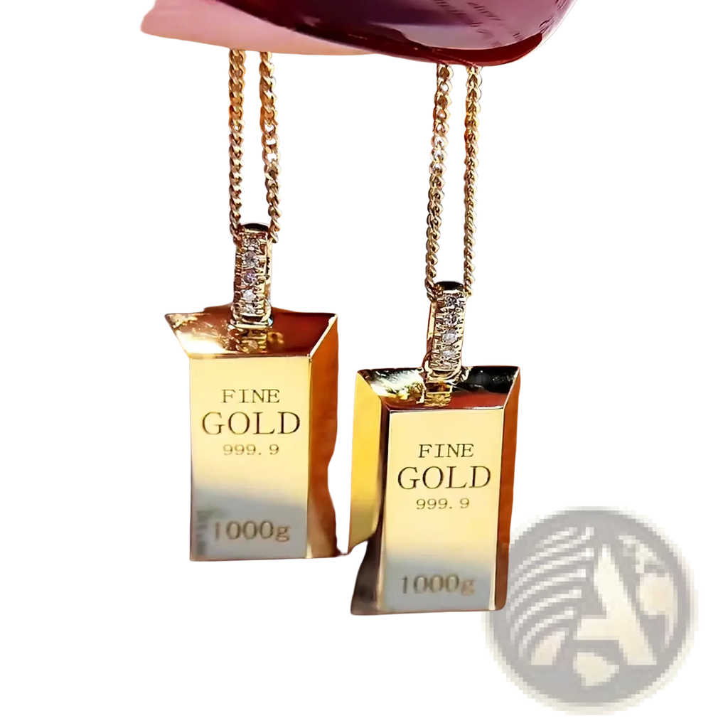 Two gold bar diamond pendant necklaces for women with engraved fine gold 999.9 and 1000g on delicate chains