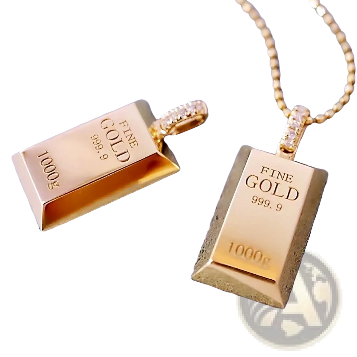 Two gold bar diamond pendant necklaces for women featuring gold-colored fine gold 999.9 bars with diamond clasps