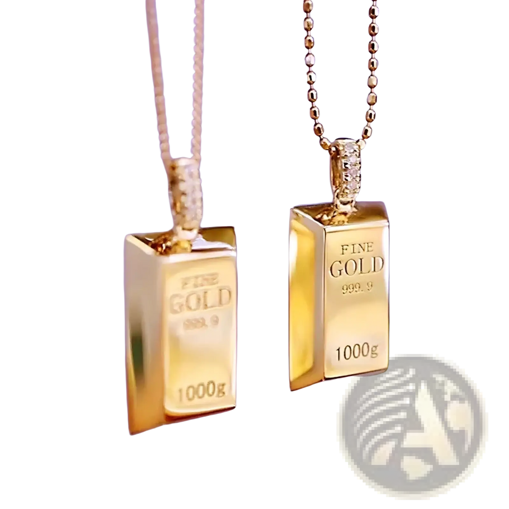 Two gold-colored pendant necklaces shaped like 1000g fine gold bars with diamond detailing for women