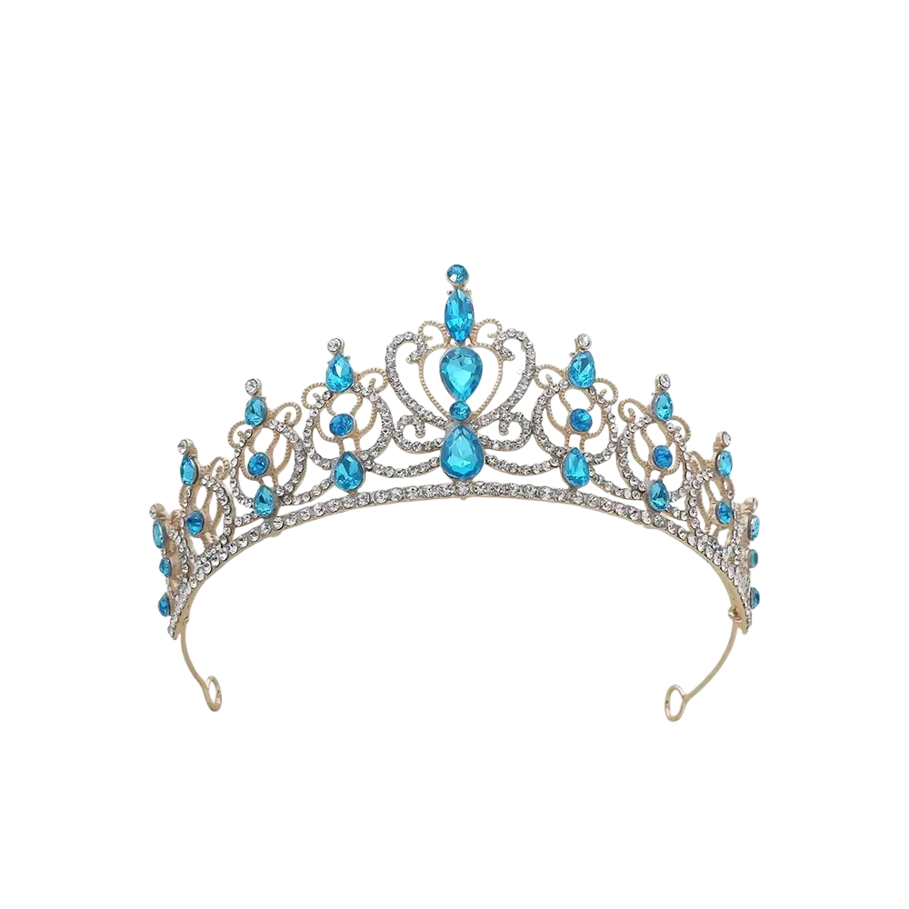 A gold baroque rhinestone tiara crown with vibrant blue teardrop crystals and clear rhinestones for bridal hair