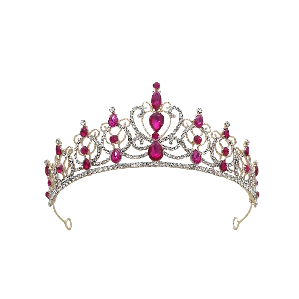A gold baroque rhinestone tiara crown with fuchsia teardrop crystals and clear rhinestones for bridal hair accessory