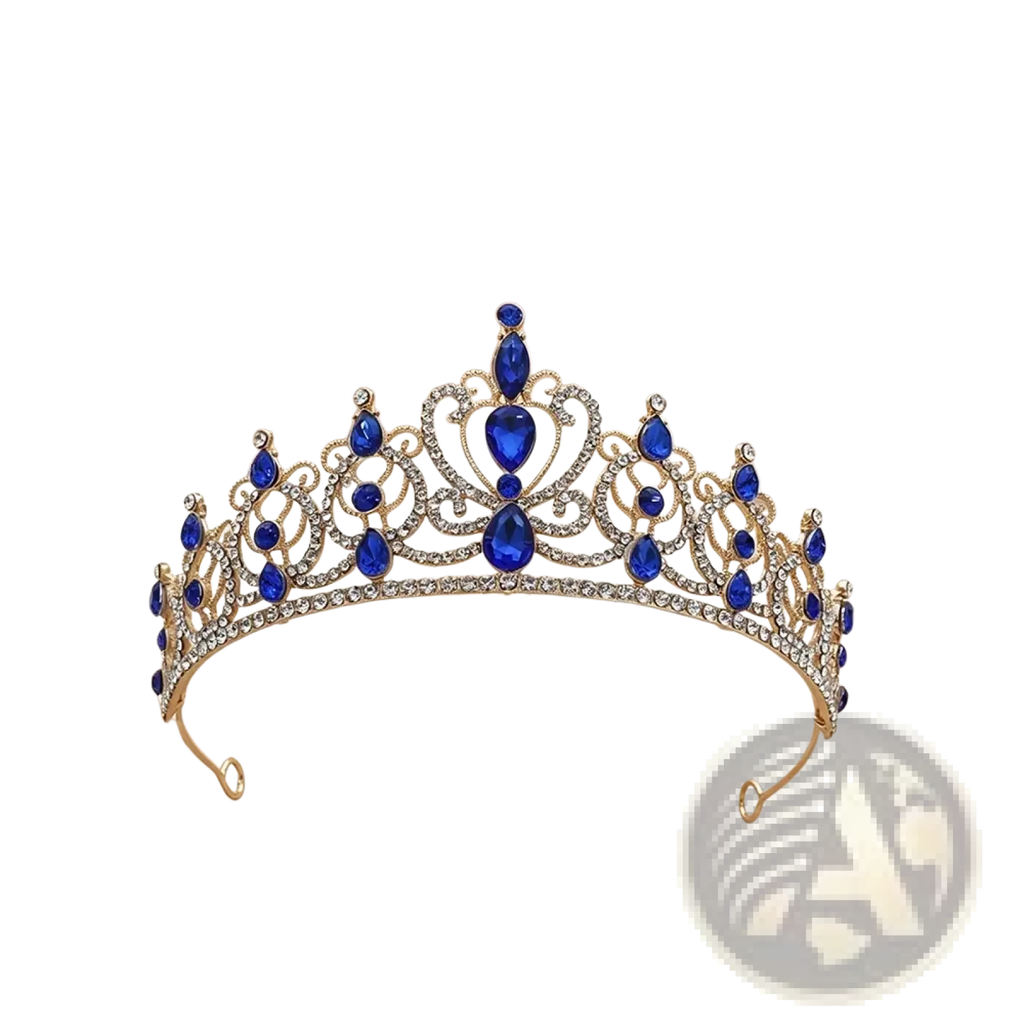 A gold baroque rhinestone tiara crown with deep blue teardrop crystals and clear rhinestones for bridal wear