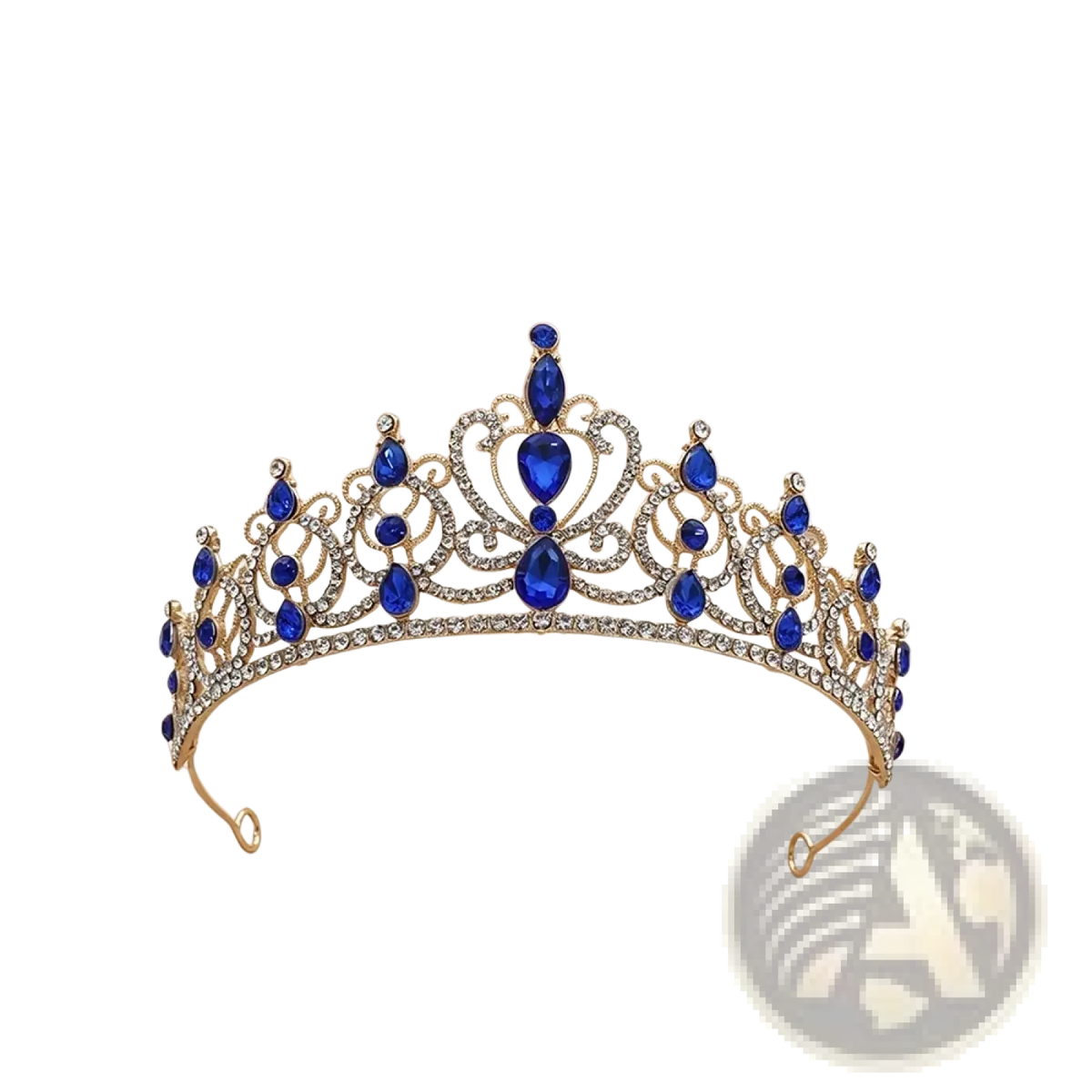 A gold baroque rhinestone tiara crown with deep blue teardrop crystals and clear rhinestones for bridal wear