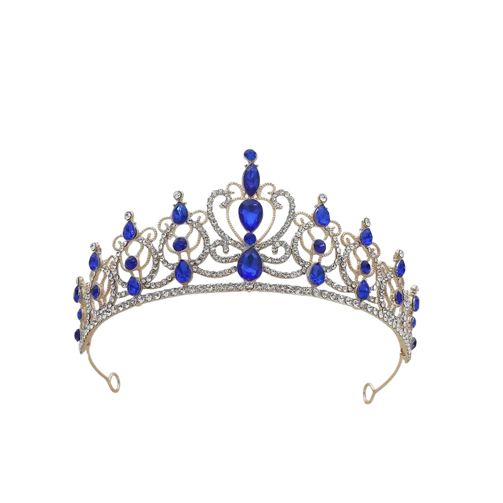 A gold baroque rhinestone tiara crown with royal blue teardrop crystals and clear rhinestones bridal hair accessory