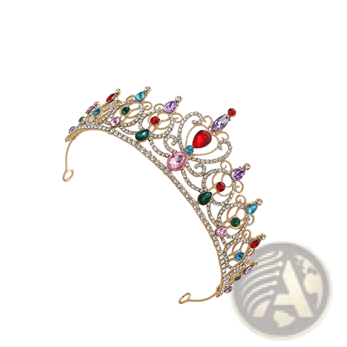 A gold baroque rhinestone tiara crown with colorful gemstones and intricate crystal detailing for bridal hair accessory