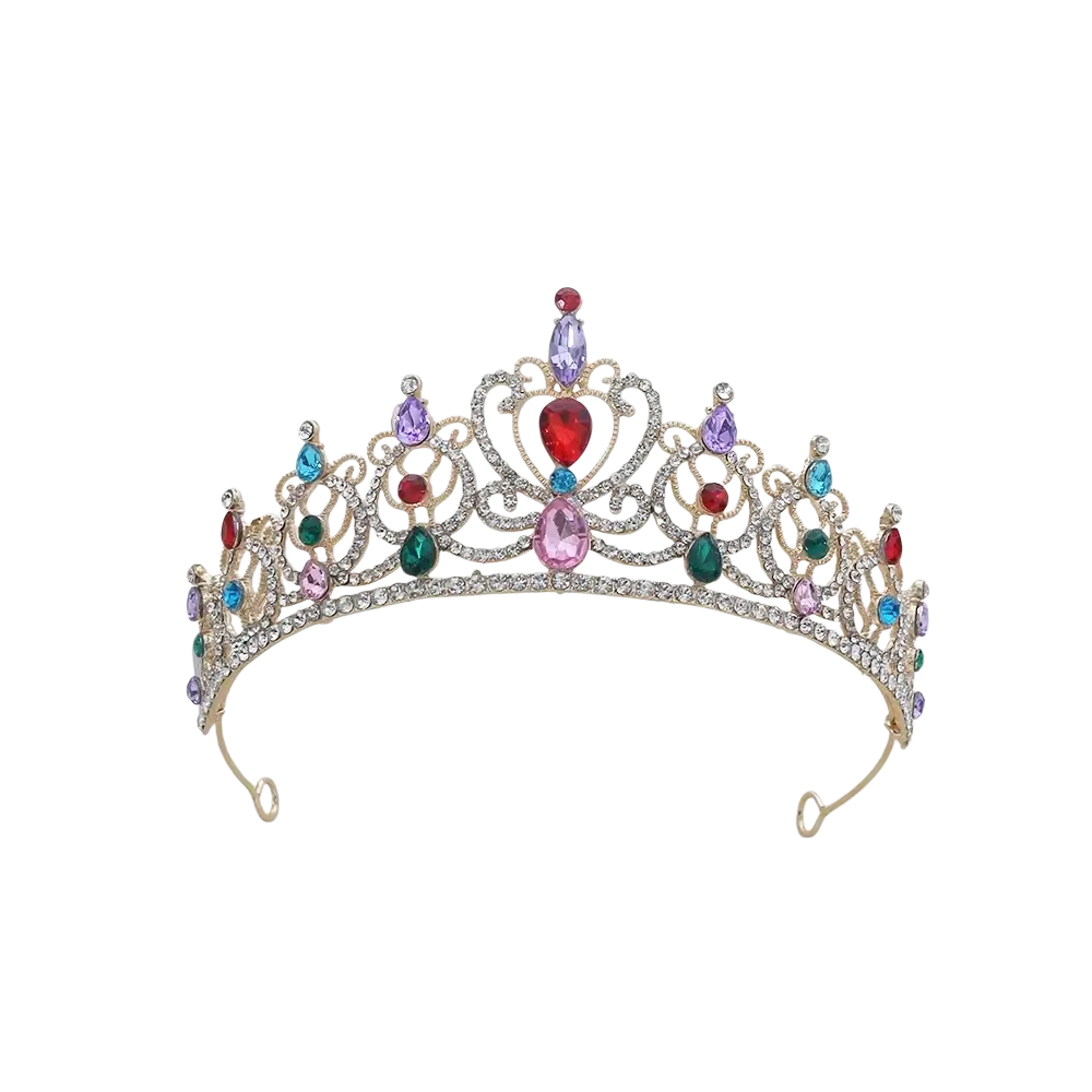 Gold baroque rhinestone tiara crown featuring a sparkling gold filigree design with multicolored crystals for bridal wear