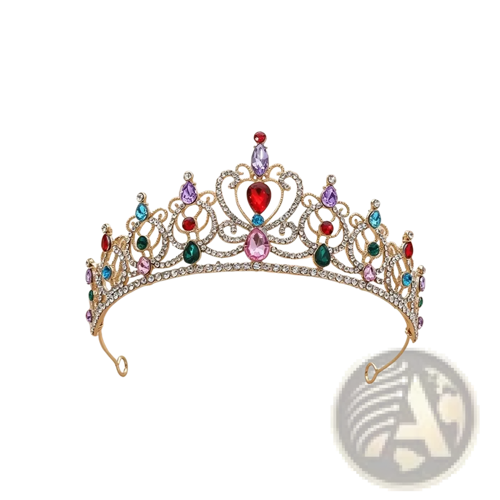 A sparkling gold baroque rhinestone tiara adorned with red purple blue green and pink gemstones for bridal hair use