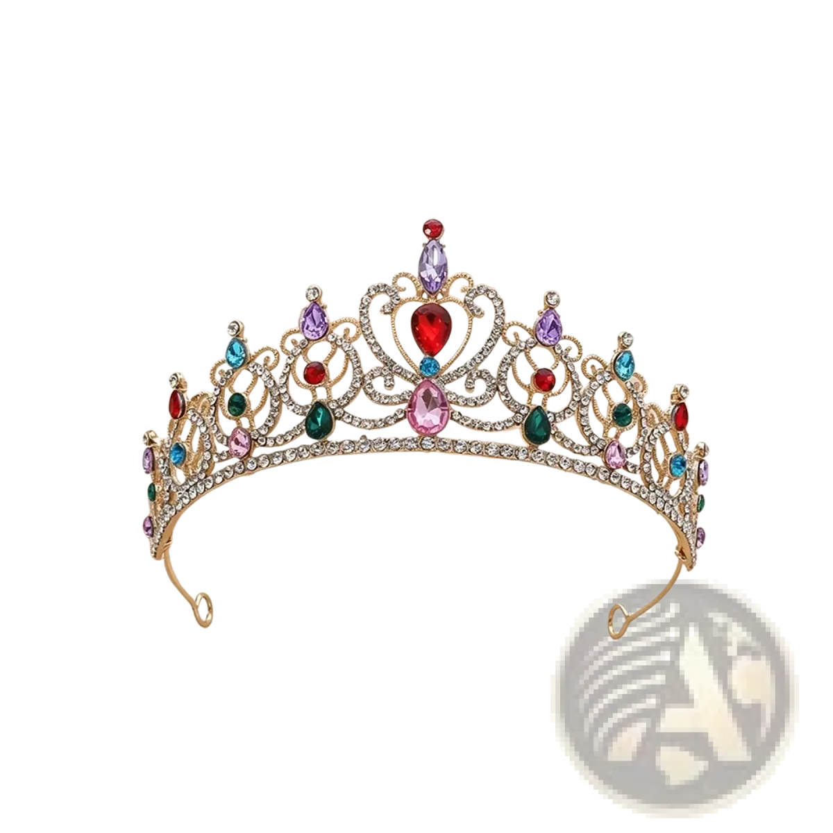 A sparkling gold baroque rhinestone tiara adorned with red purple blue green and pink gemstones for bridal hair use