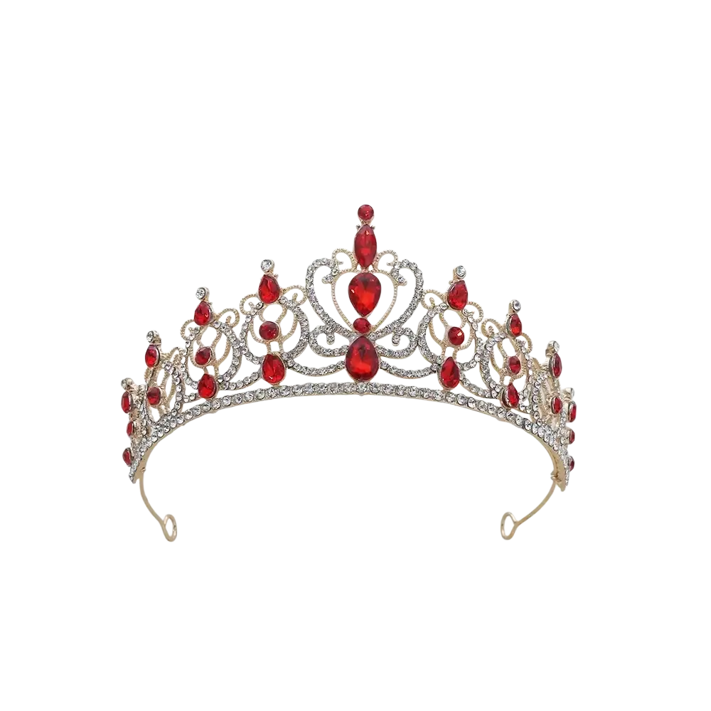 A sparkling gold baroque rhinestone tiara crown with red teardrop crystals and clear rhinestones for bridal use