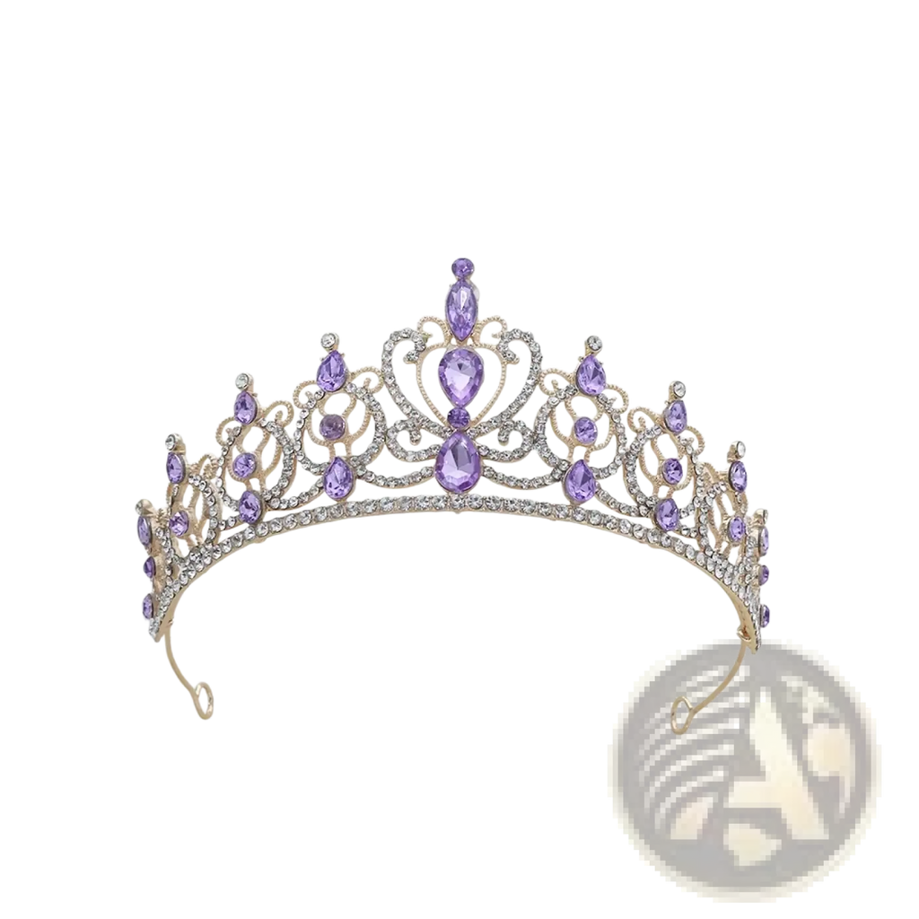 Gold baroque rhinestone tiara crown with gold tone and purple teardrop crystals bridal hair accessory