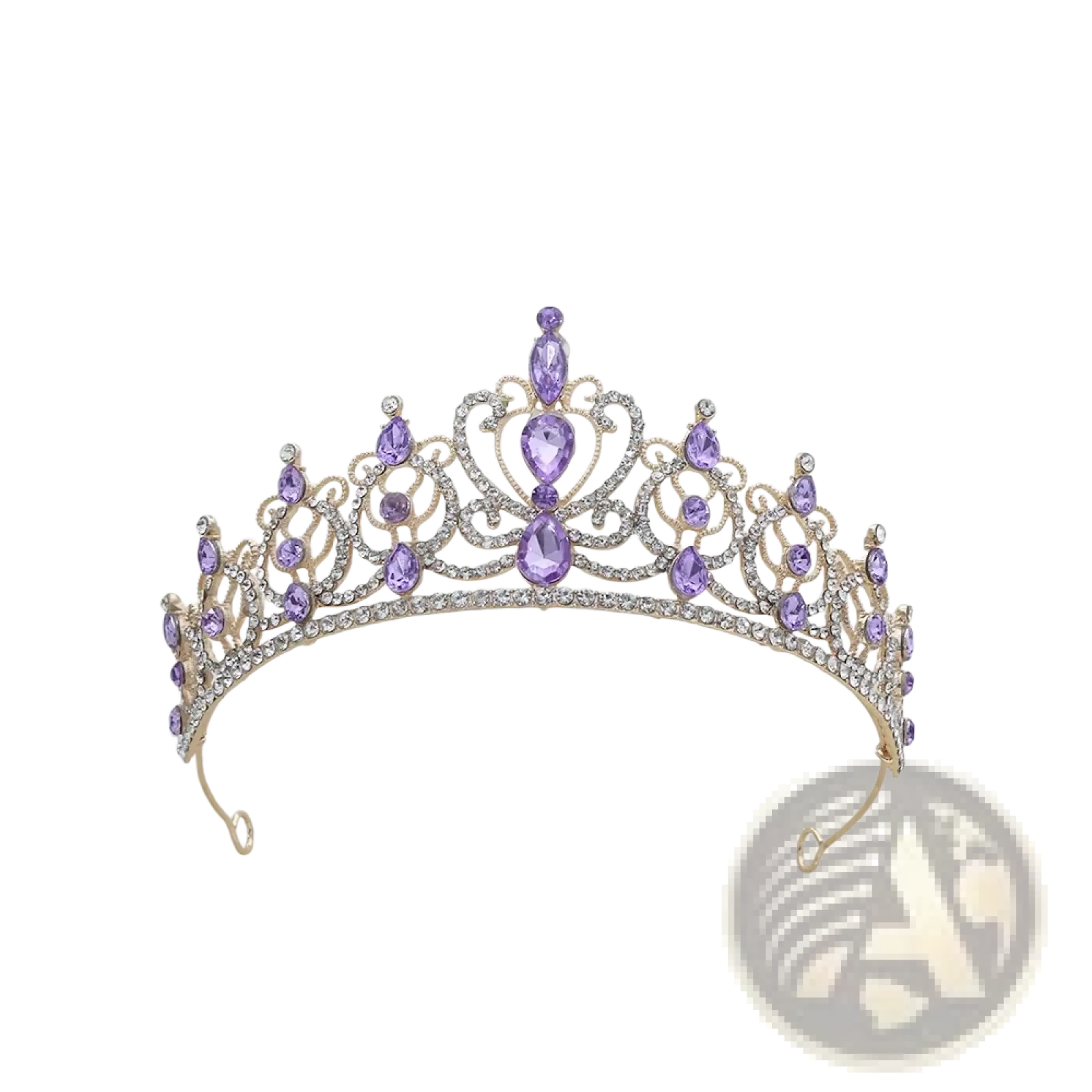 Gold baroque rhinestone tiara crown with gold tone and purple teardrop crystals bridal hair accessory