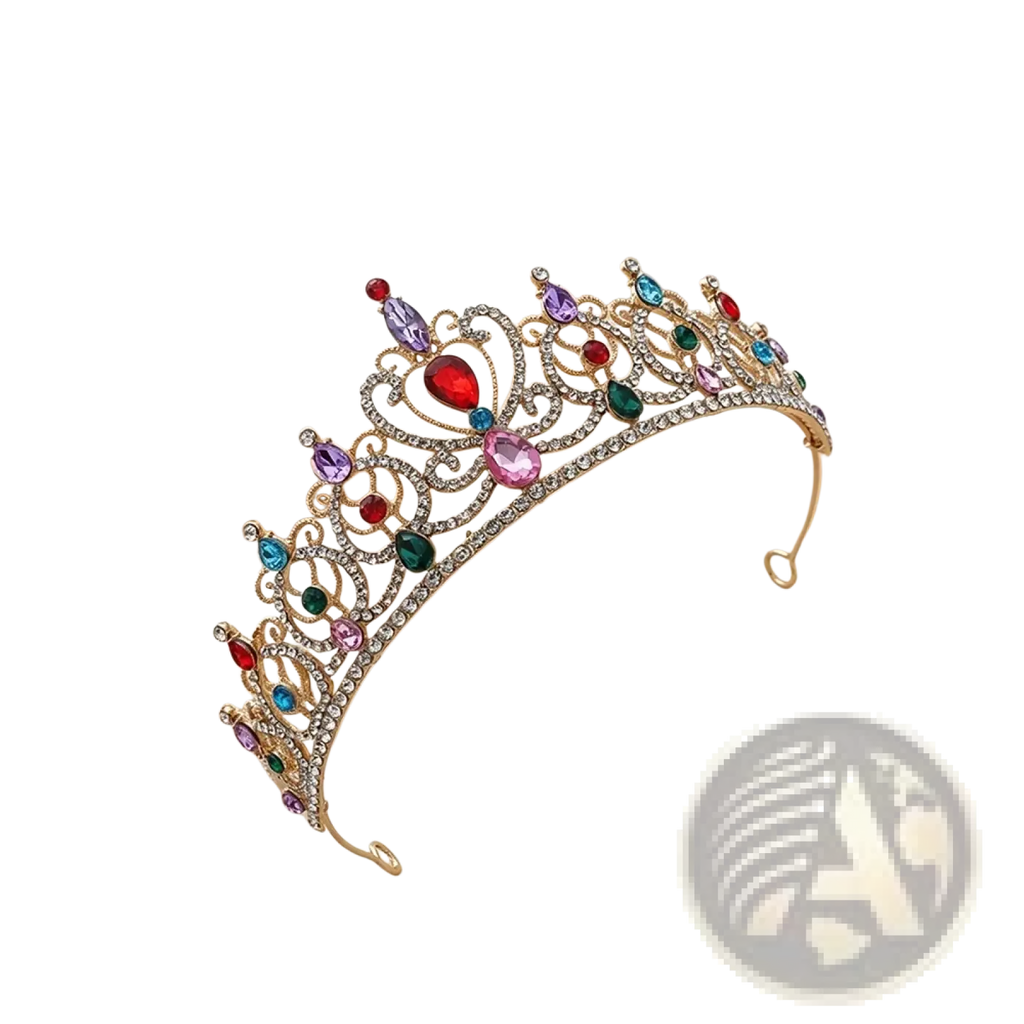 Gold baroque rhinestone tiara crown in gold with intricate sparkling rhinestones and colorful bridal gemstones