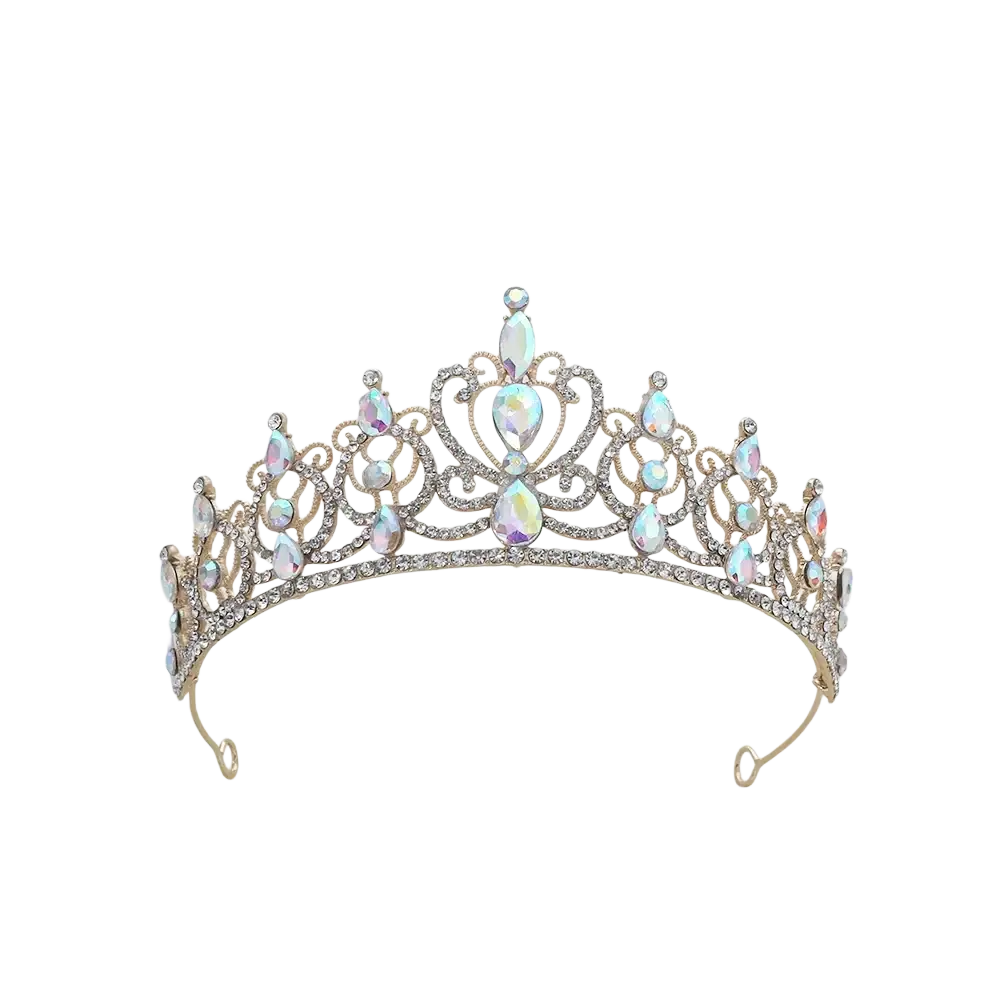 A delicate gold baroque rhinestone tiara crown adorned with clear crystals and iridescent pear-shaped stones for bridal wear