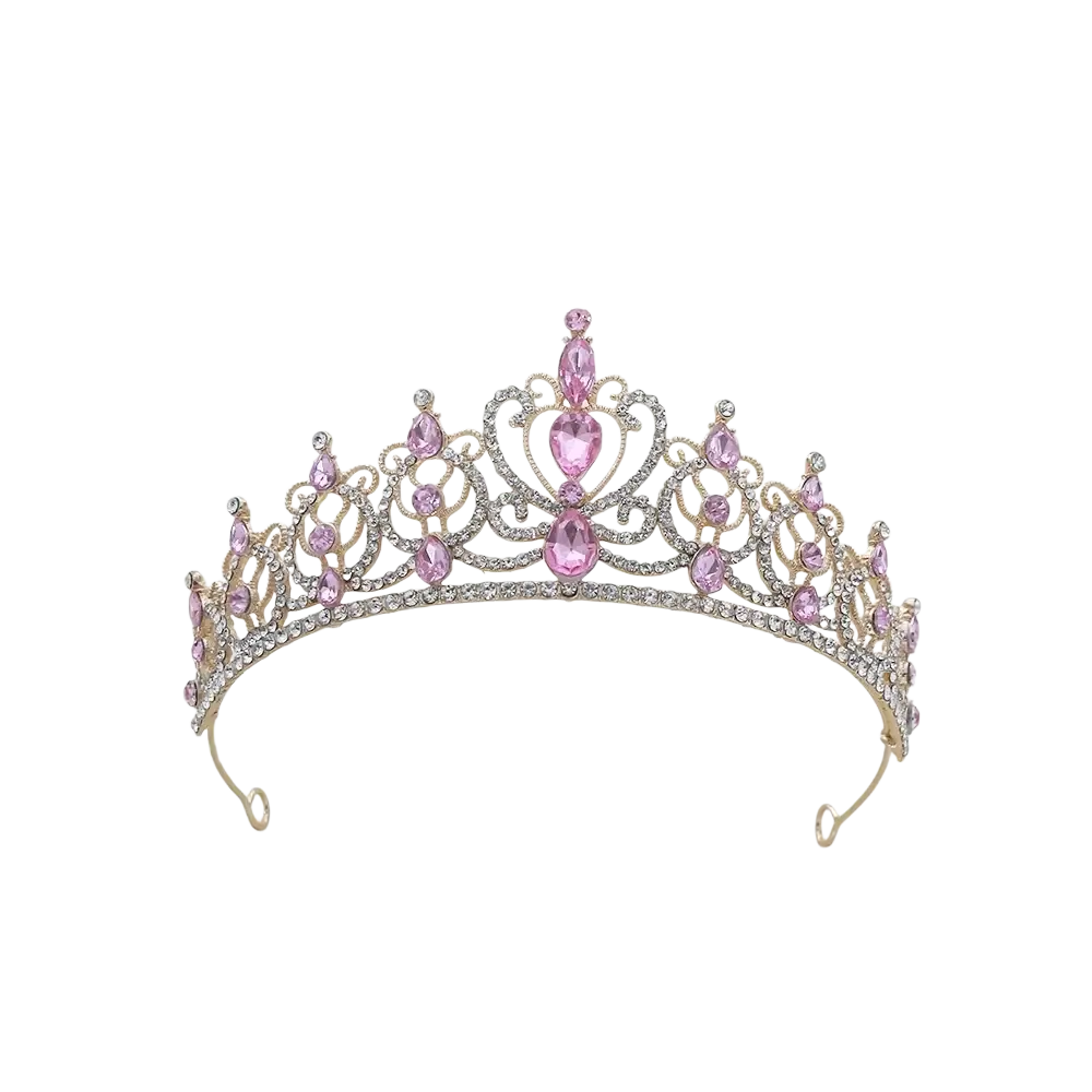 Gold baroque rhinestone tiara crown with delicate gold tone and sparkling pink and clear crystals for bridal wear