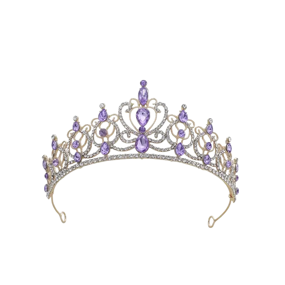 Gold baroque rhinestone tiara crown with gold tone and purple teardrop crystals bridal hair accessory