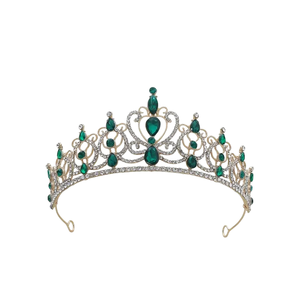 Gold baroque rhinestone tiara crown with gold tone, emerald green teardrop crystals, and clear rhinestones for bridal hair accessory