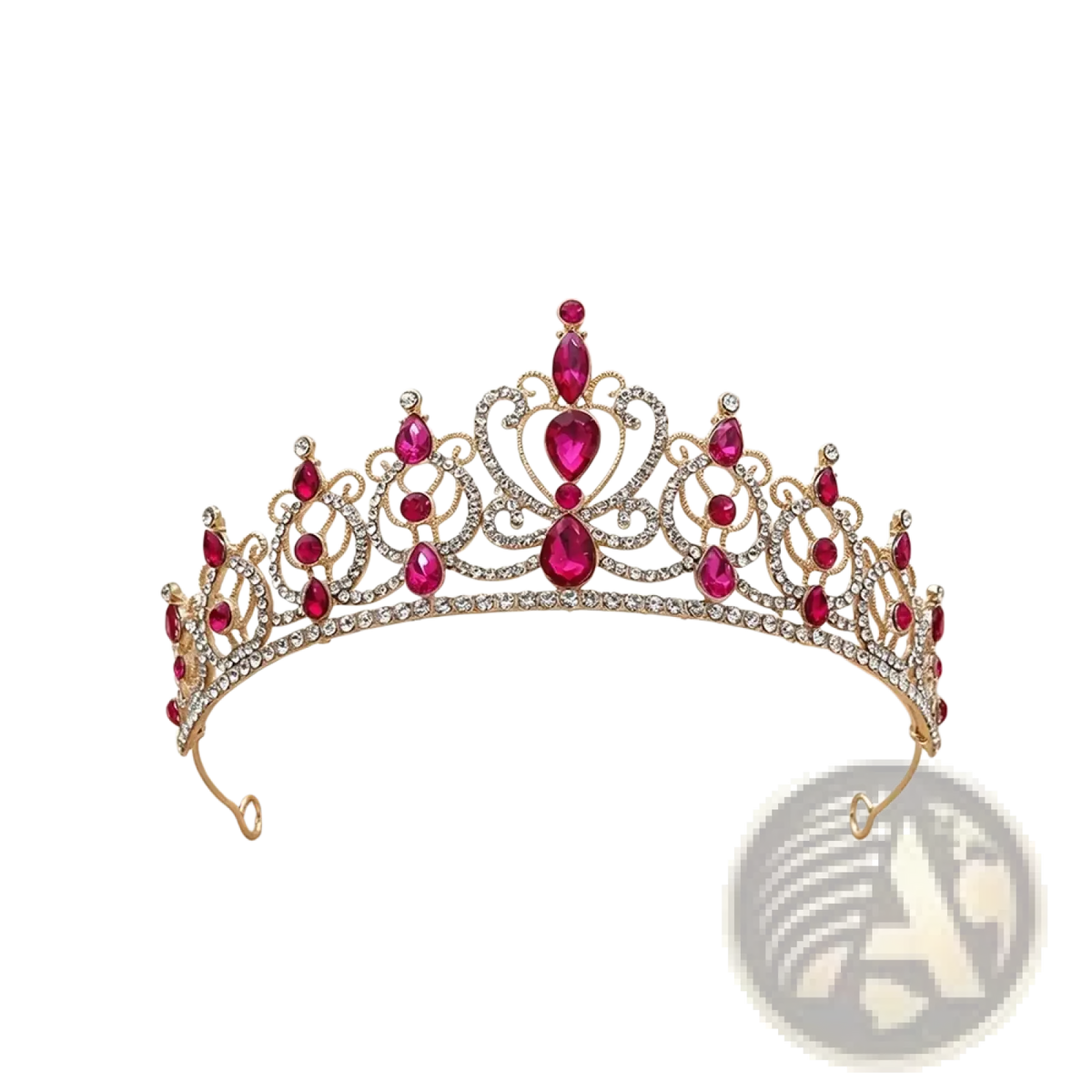 Gold baroque rhinestone tiara crown with gold tone, red teardrop gemstones, clear crystals, and ornate filigree design