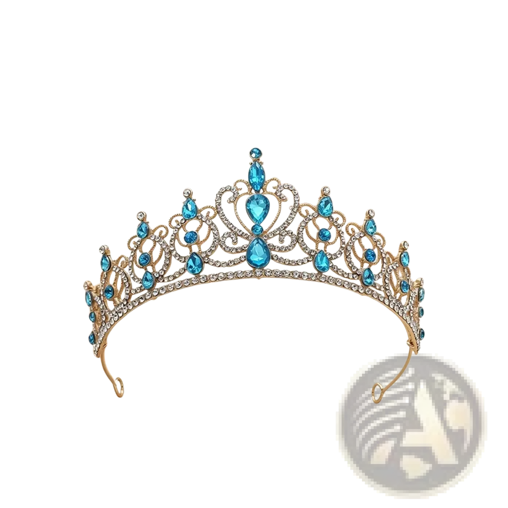 Gold baroque rhinestone tiara crown with gold tone clear crystals and blue teardrop gems for bridal hair accessory