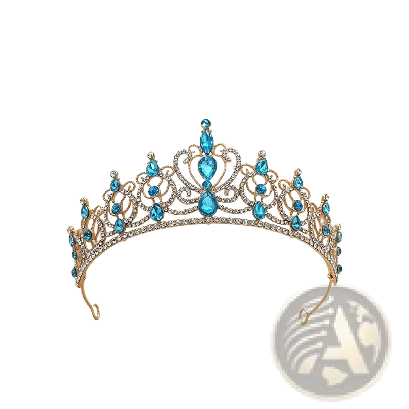 Gold baroque rhinestone tiara crown with gold tone clear crystals and blue teardrop gems for bridal hair accessory