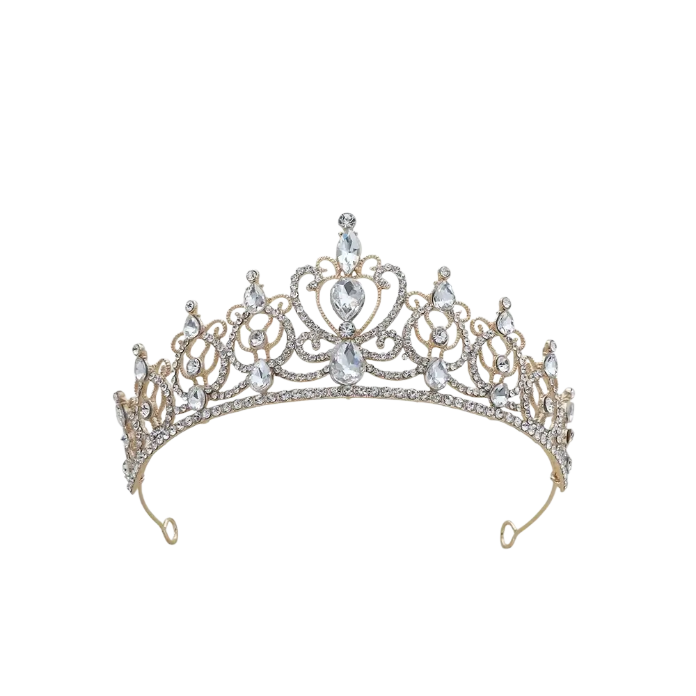 Gold baroque rhinestone tiara crown in gold tone with clear crystals and intricate filigree bridal hair accessory