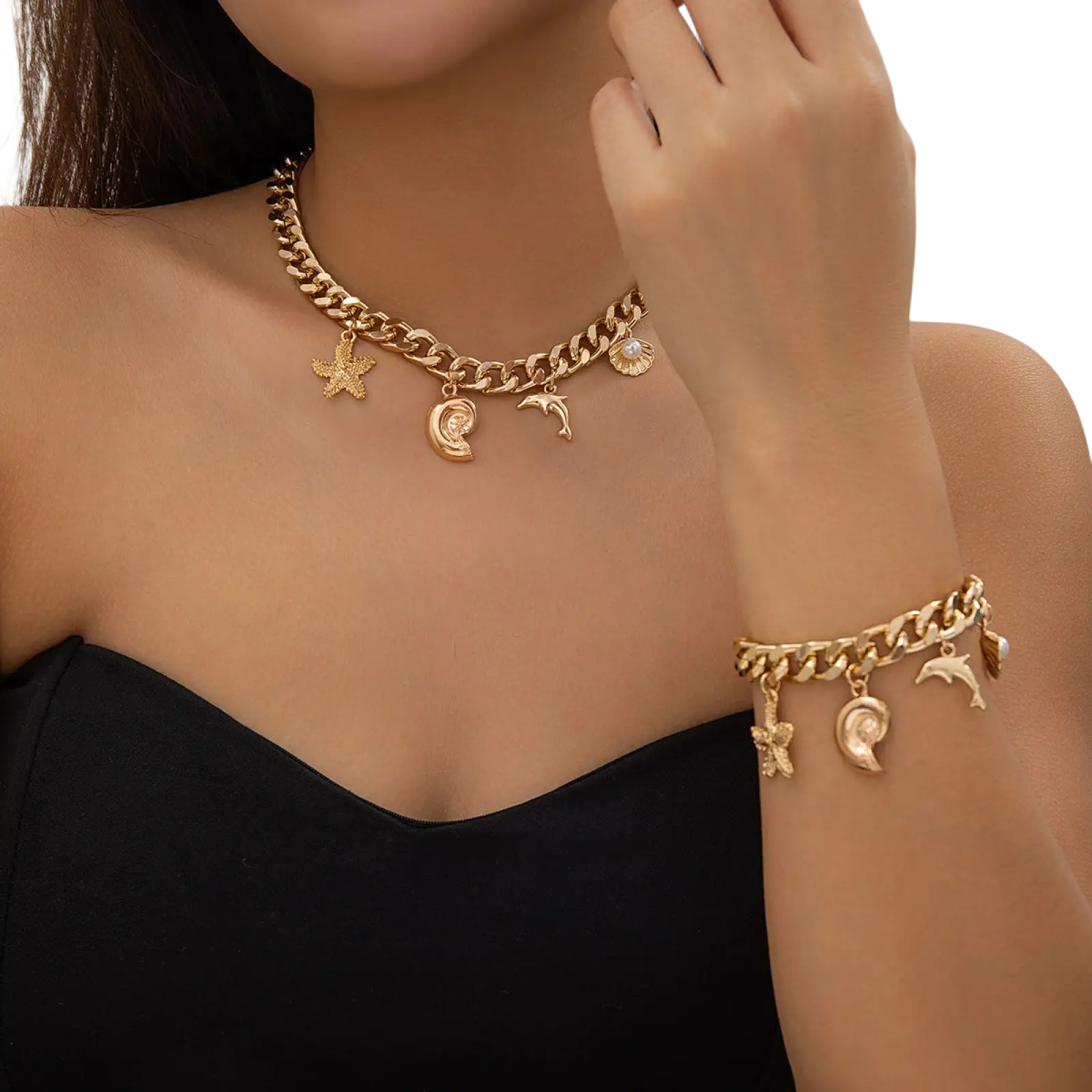 Gold boho sea charm choker and bracelet set with gold-toned chunky chain and starfish dolphin seashell crescent moon charms