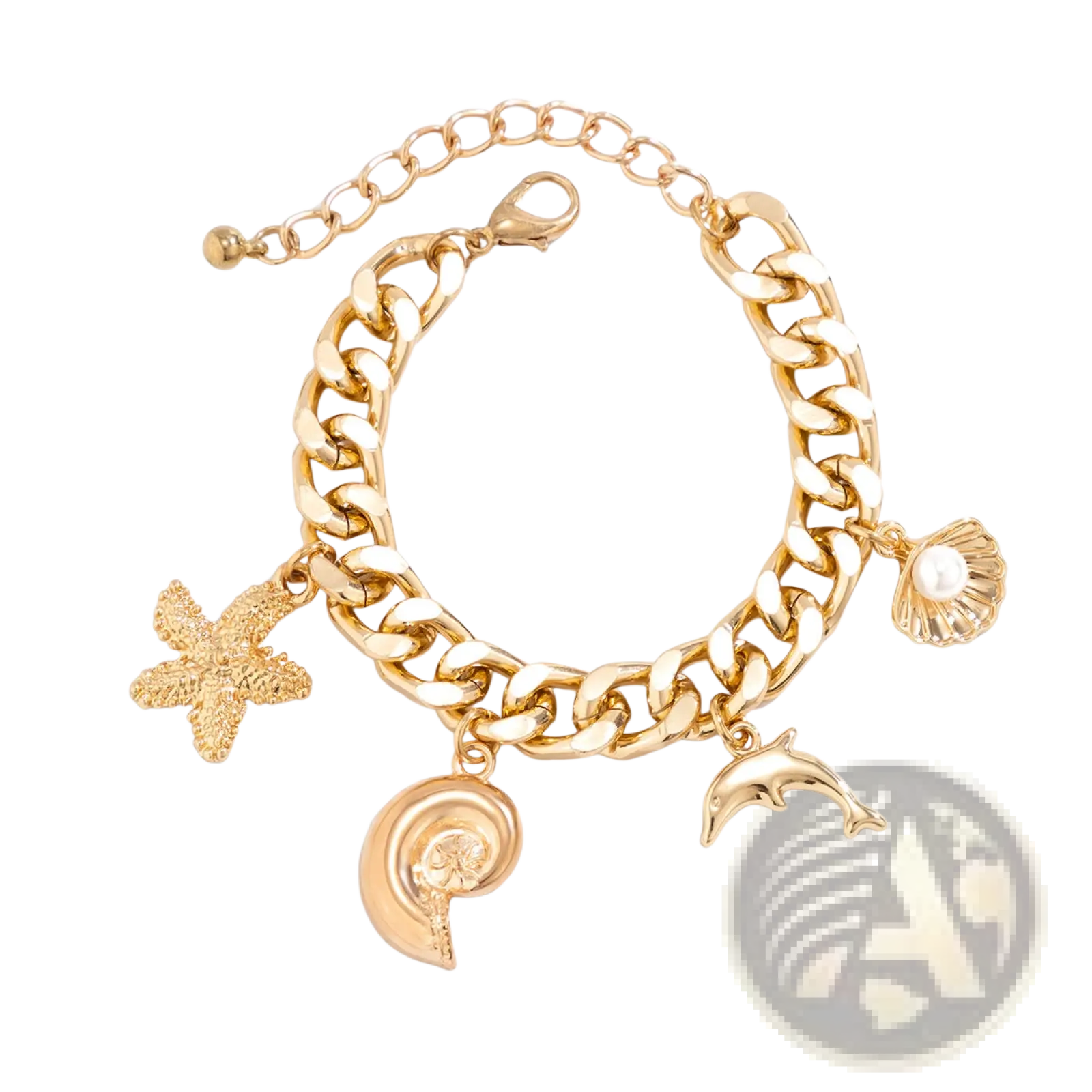 Gold boho sea charm choker and bracelet set featuring a gold-toned chunky chain with starfish seashell dolphin and spiral shell charms