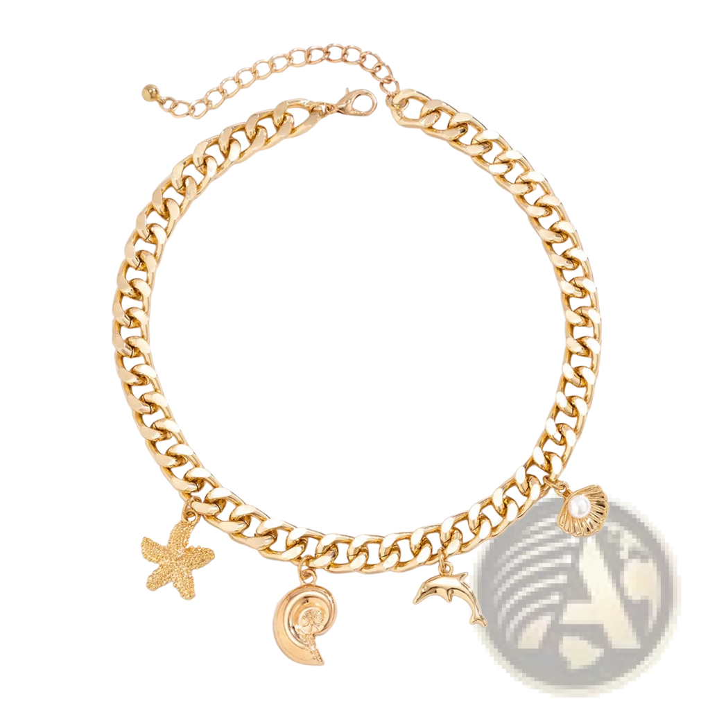Gold tonal chunky chain anklet with starfish dolphin seashell and moon charms from gold boho sea charm set