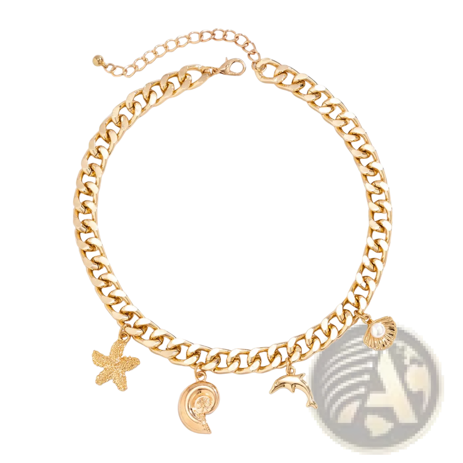 Gold tonal chunky chain anklet with starfish dolphin seashell and moon charms from gold boho sea charm set
