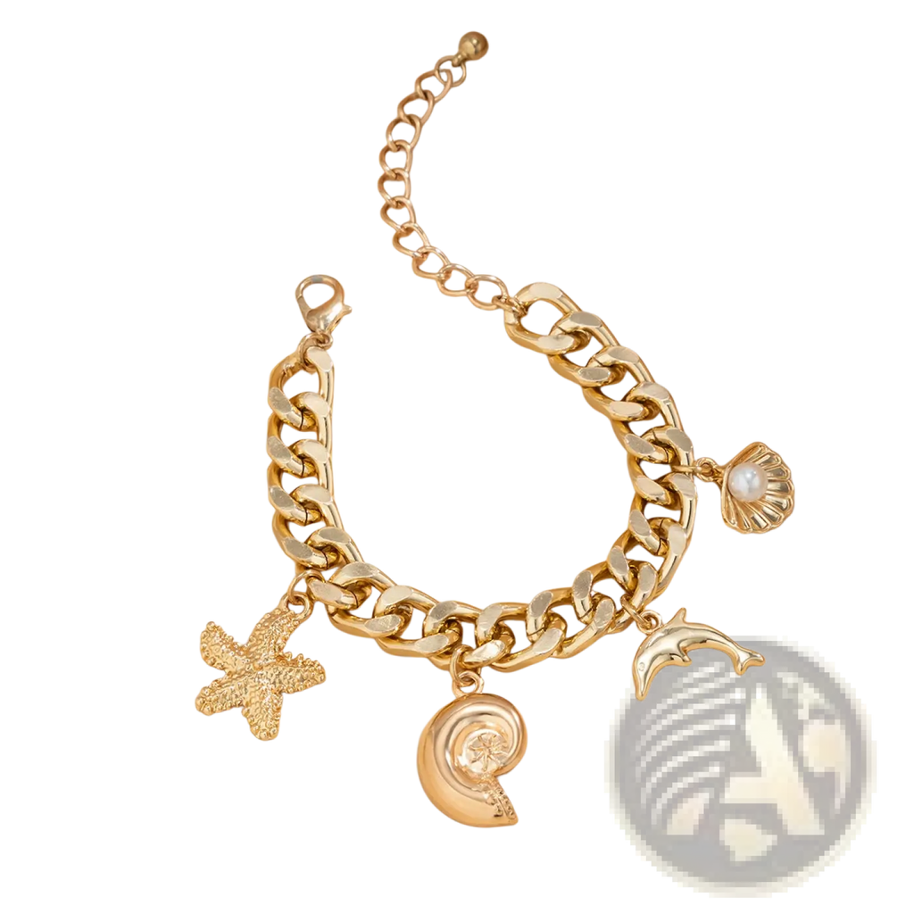Gold-toned chunky chain bracelet with sea-themed charms including starfish dolphin pearl seashell and spiral shell
