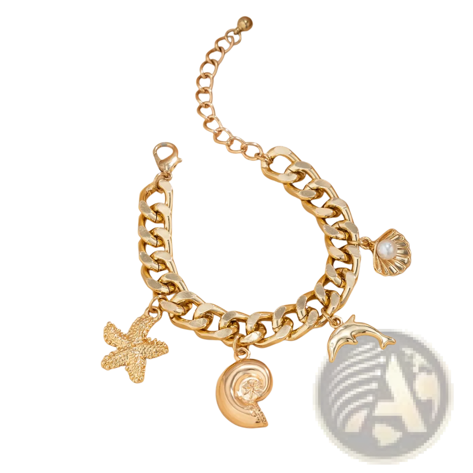 Gold-toned chunky chain bracelet with sea-themed charms including starfish dolphin pearl seashell and spiral shell