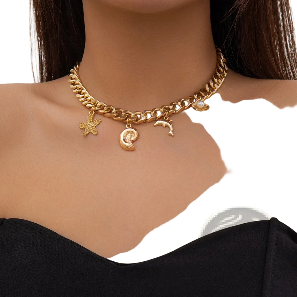 Gold-toned chunky chain choker necklace with starfish dolphin seashell and pearl charms in boho sea charm set