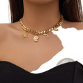 Gold-toned chunky chain choker necklace with starfish dolphin seashell and pearl charms in boho sea charm set