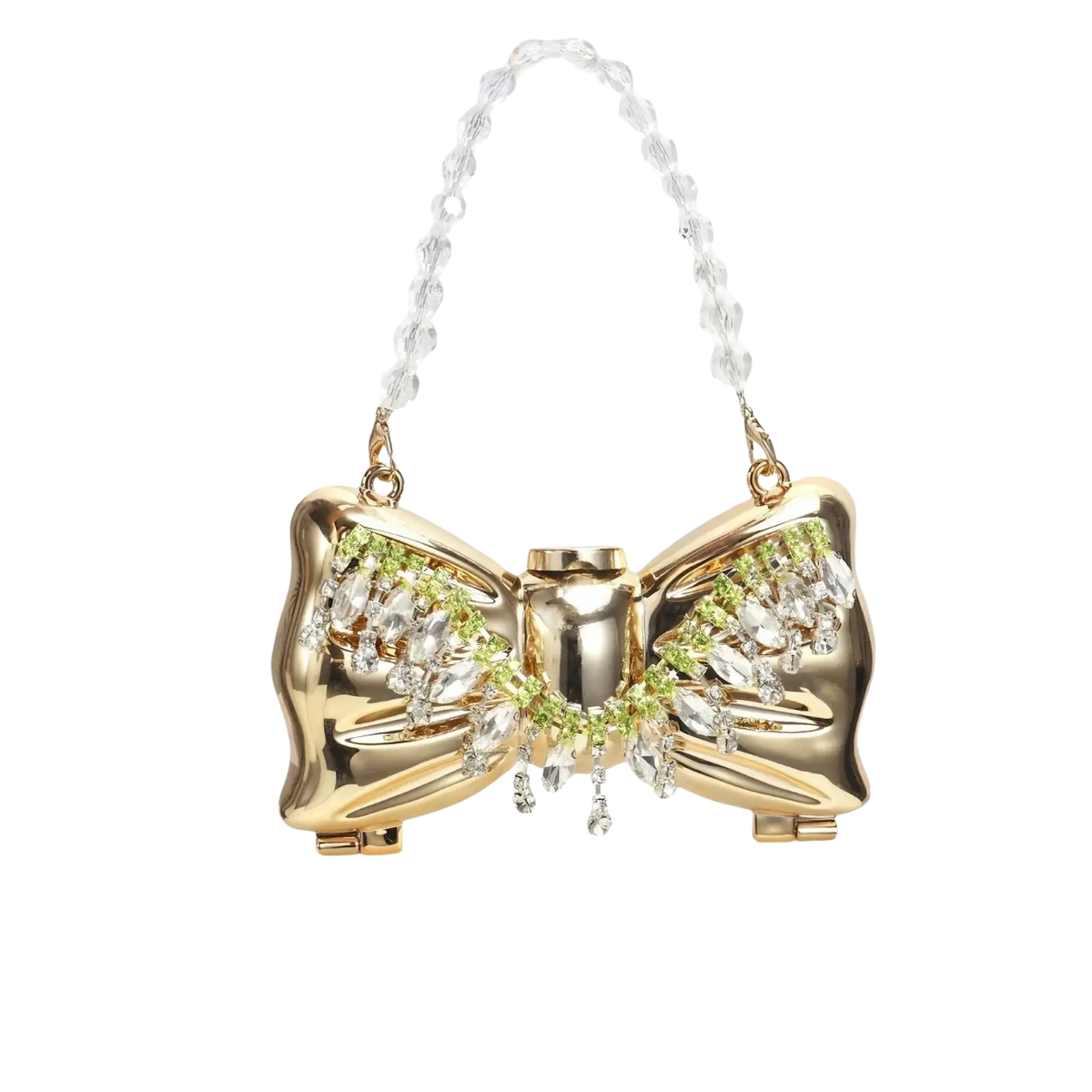 Gold bow metal clutch crossbody bag featuring a gold-colored bow shape with clear and green crystals and a beaded chain strap