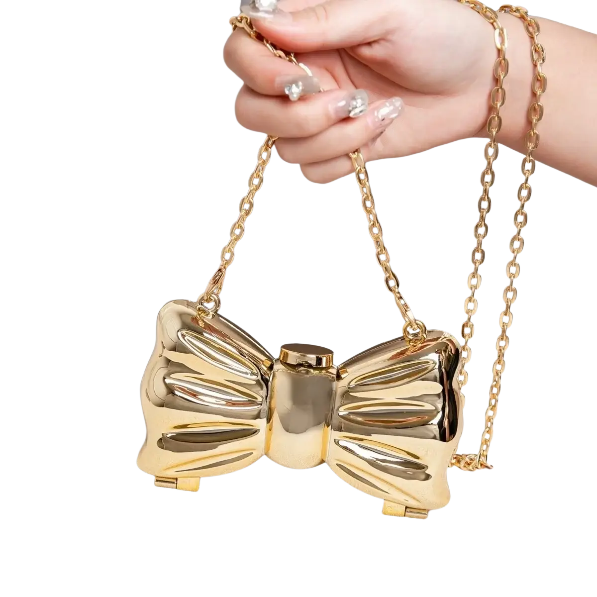 Gold metallic bow metal clutch crossbody bag with chain strap perfect for elegant evening use